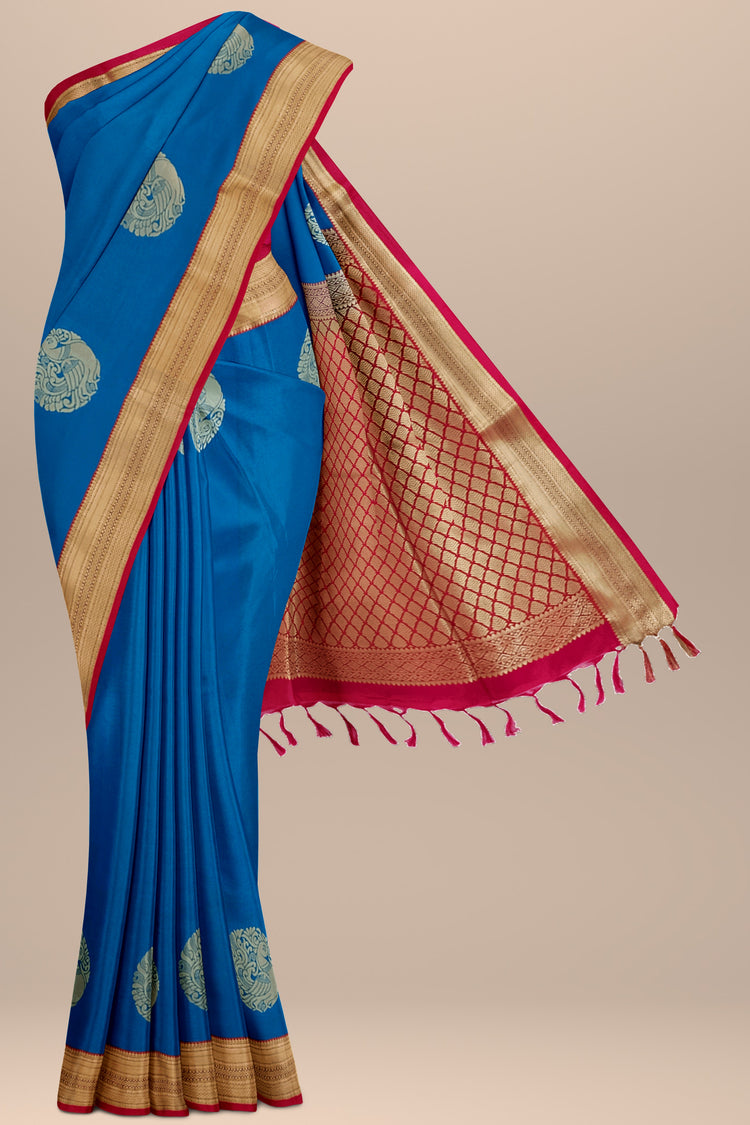 Royal Blue Art Silk Saree with Peacock Motifs and Dark Pink Pallu in Rich Golden Zari Work