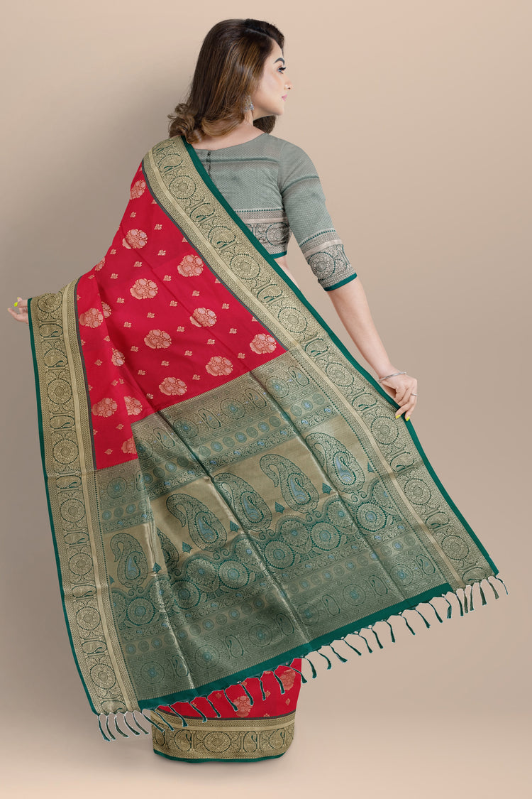 Dark Red Art Silk Saree with Meenakari Floral Motifs and Rich Golden Zari Work on Teal Green Pallu