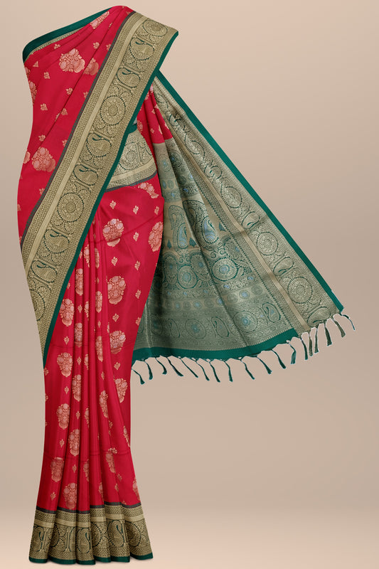 Dark Red Art Silk Saree with Meenakari Floral Motifs and Rich Golden Zari Work on Teal Green Pallu