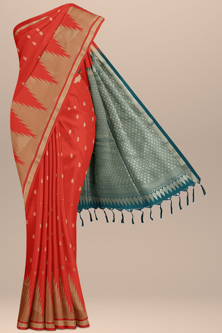 Orange Art Silk Saree with Golden Temple Border and Rich Zari Pallu
