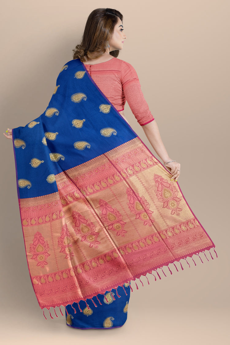 Cobalt Blue Art Silk Borderless Saree with Meena Motifs and Golden Zari Pallu
