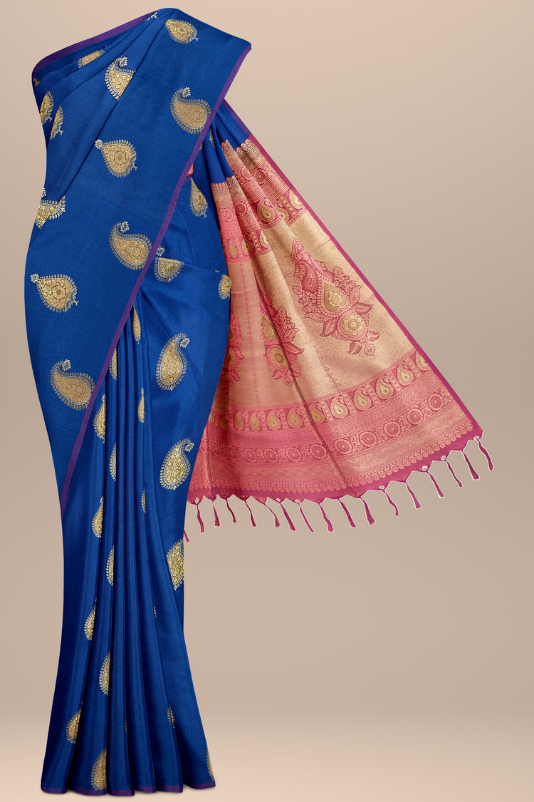 Cobalt Blue Art Silk Borderless Saree with Meena Motifs and Golden Zari Pallu