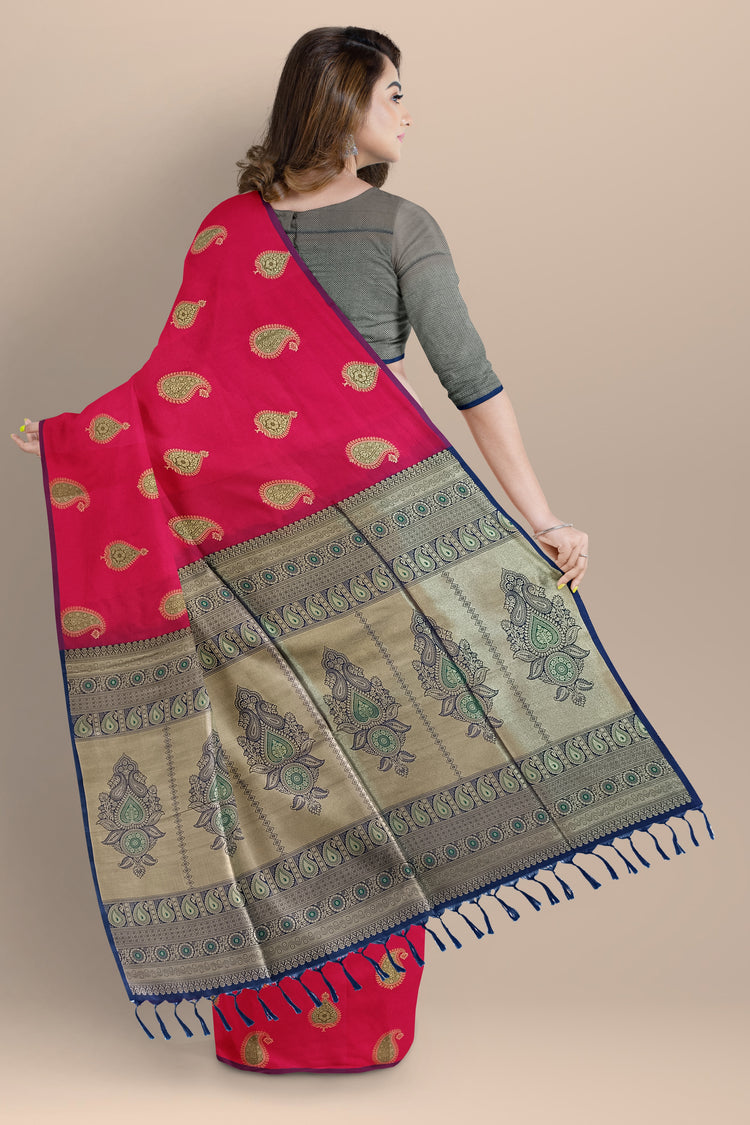 Crimson Red Art Silk Borderless Saree with Meena Motifs and Golden Zari Pallu