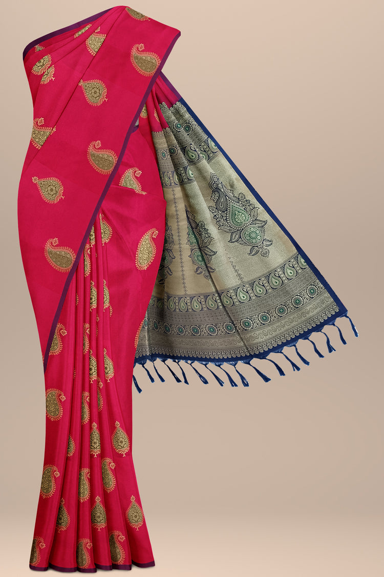 Crimson Red Art Silk Borderless Saree with Meena Motifs and Golden Zari Pallu