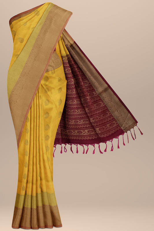 Mango Yellow Art Silk Saree with Golden Zari Work on Maroon Pallu
