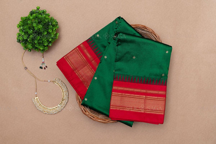 Pure Gadwal Silk Bottle Green Saree with Red Irkal Border and Pallu