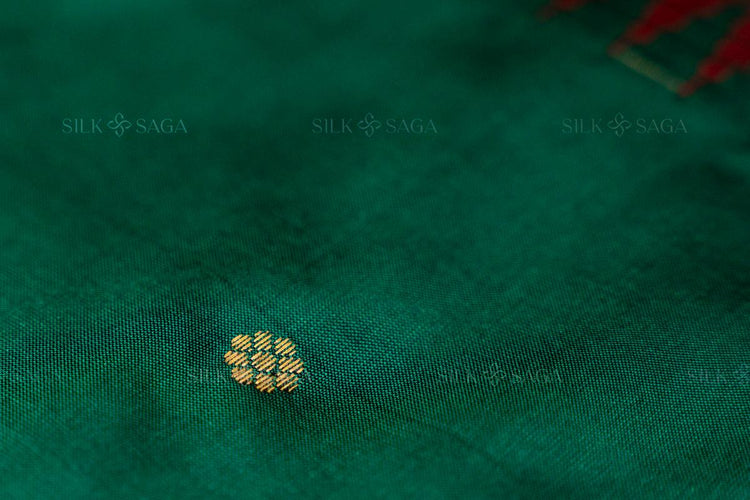 Pure Gadwal Silk Bottle Green Saree with Red Irkal Border and Pallu - Silksaga Studio