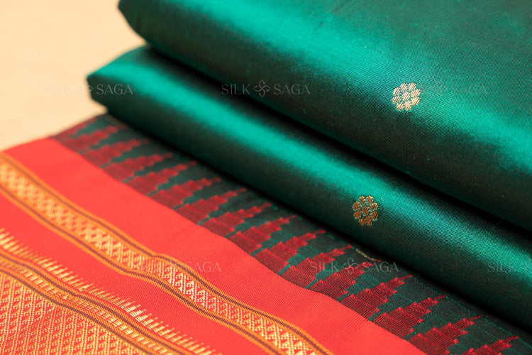 Pure Gadwal Silk Bottle Green Saree with Red Irkal Border and Pallu - Silksaga Studio