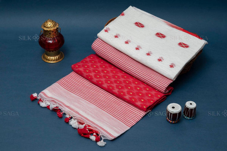 Pure Resham Kesh White and Red Saree with Resham Hand Work