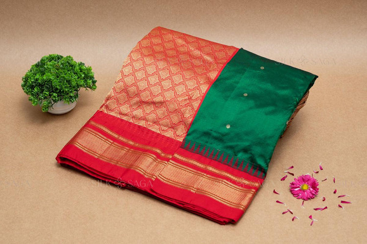 Deep Peach Color Gadwal Silk Saree with Checks and Temple Border | Peach  colors, Silk sarees, Blouse piece