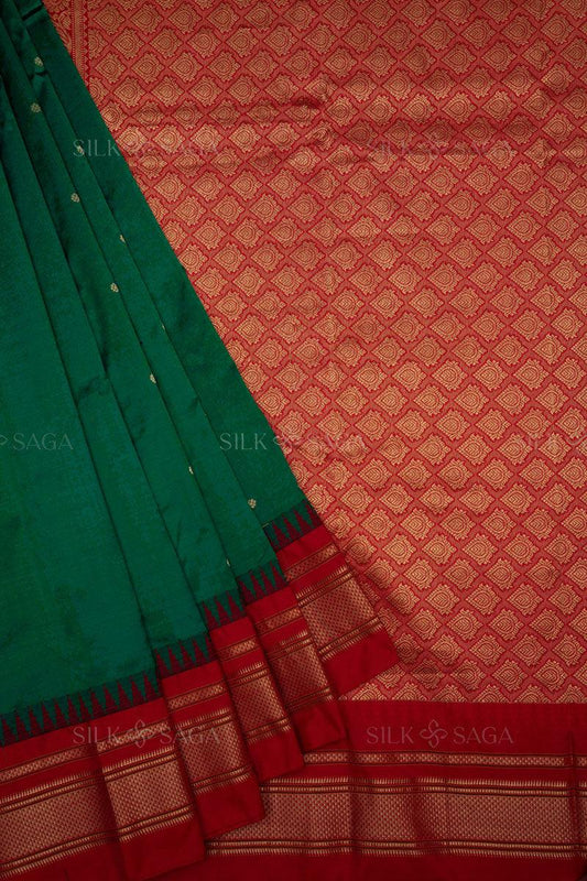 Pure Gadwal Silk Bottle Green Saree with Red Irkal Border and Pallu