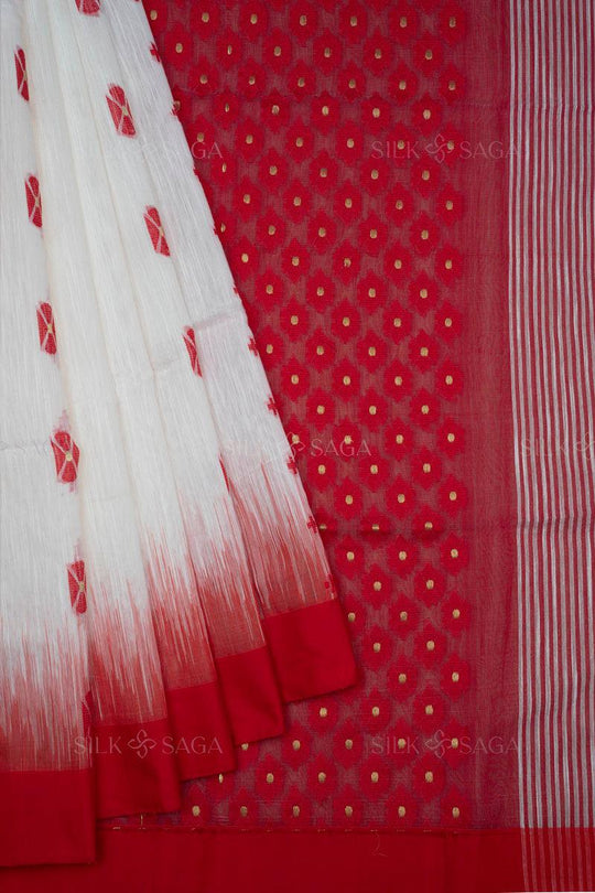 Pure Resham Kesh White and Red Saree with Resham Hand Work