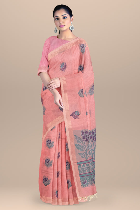 Pure Cotton Pink Saree with Cyan and Purple Resham Work Pallu