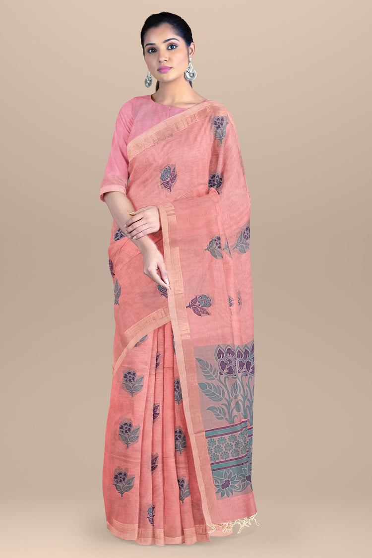 Pure Cotton Pink Saree with Cyan and Purple Resham Work Pallu