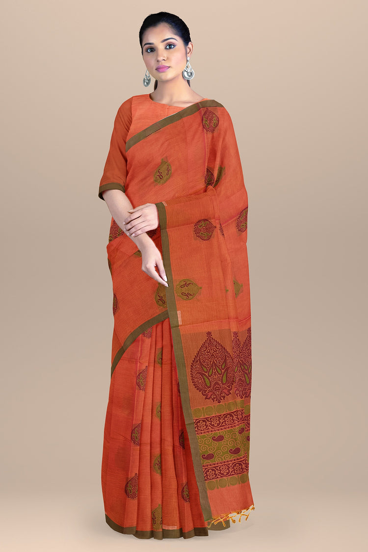 Pure Cotton Textured Orange Saree with Green and Purple Resham Work Pallu