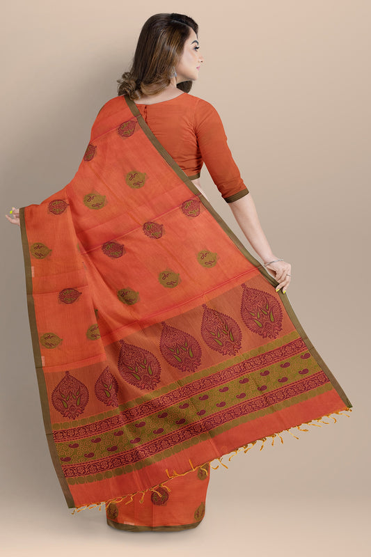 Pure Cotton Textured Orange Saree with Green and Purple Resham Work Pallu