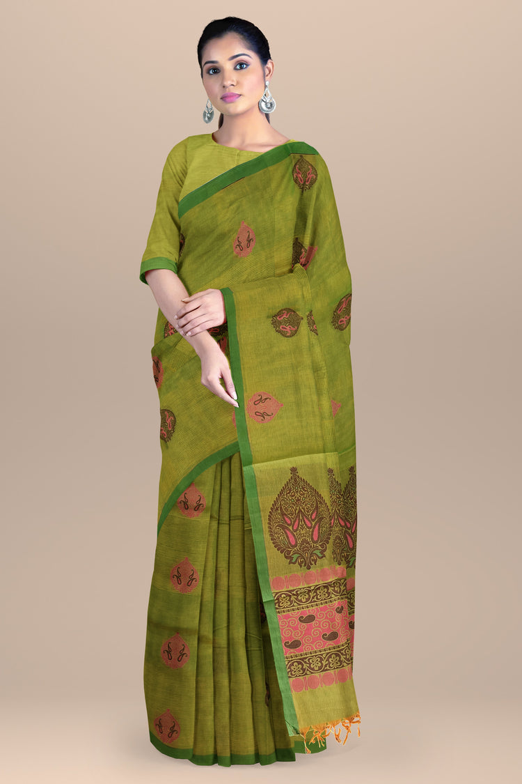 Pure Cotton Textured Green Saree with Pink and Purple Resham Work Pallu