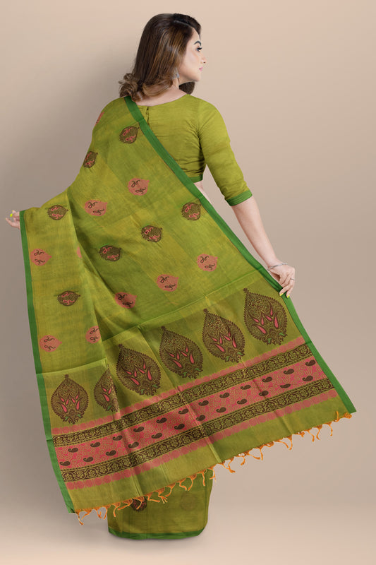 Pure Cotton Textured Green Saree with Pink and Purple Resham Work Pallu