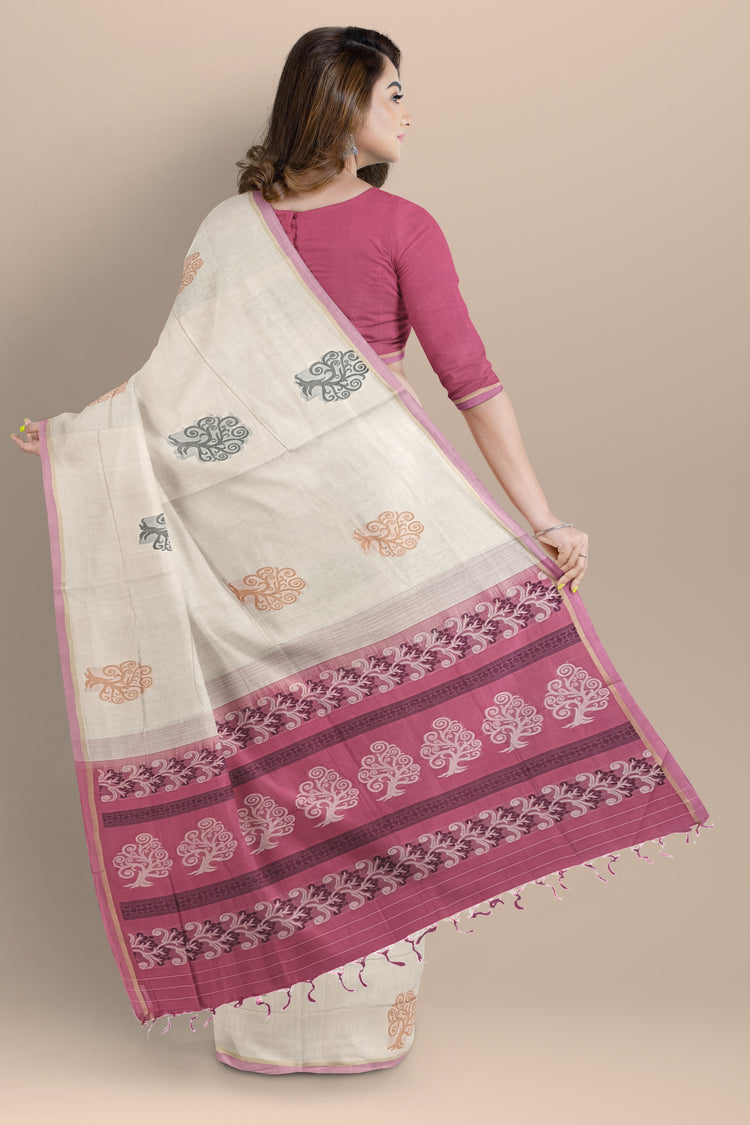 Pure Cotton Beige Saree with Black Resham Work Pallu