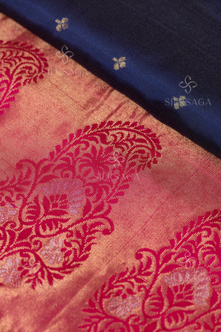 Pure Soft Silk Handloom Navy Blue Saree with Dark Pink Pallu - Silksaga Studio