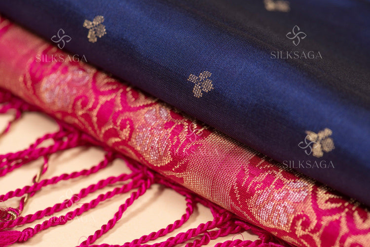 Pure Soft Silk Handloom Navy Blue Saree with Dark Pink Pallu - Silksaga Studio