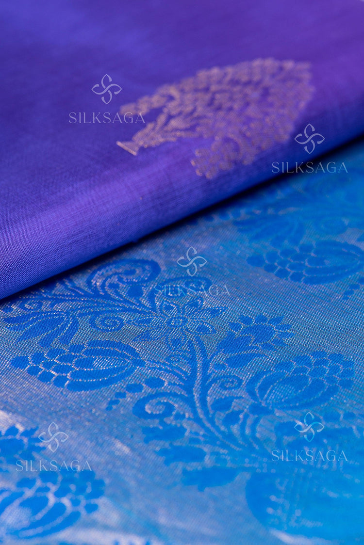 Pure Soft Silk Handloom Purple Saree with Cobalt Blue Skirt Border - Silksaga Studio