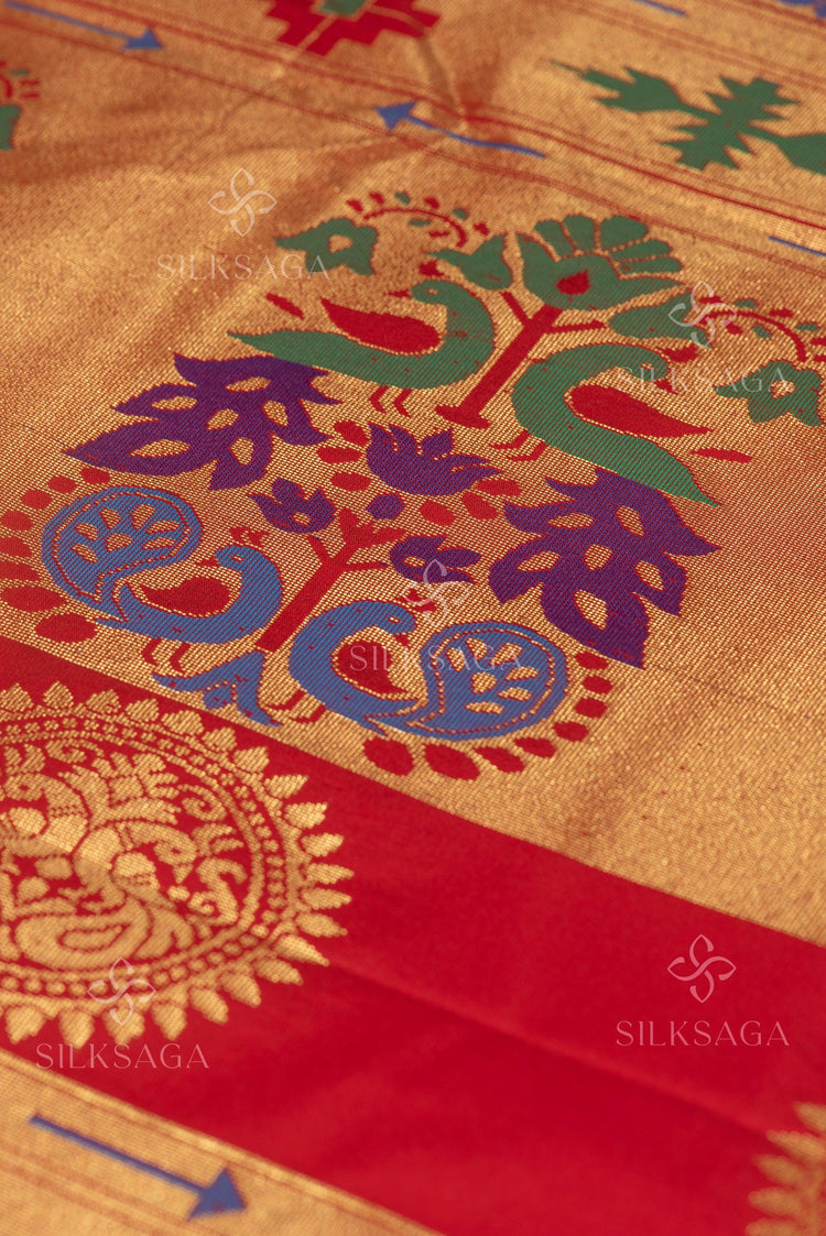 Art Silk Paithani with Meena Butti and Golden Zari Peacock Pallu - Silksaga Studio