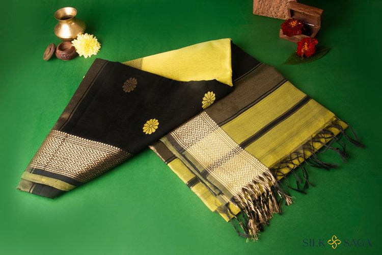 Pure Silk by Cotton Maheshwari Pear Green Saree with Black Pallu - Silksaga Studio