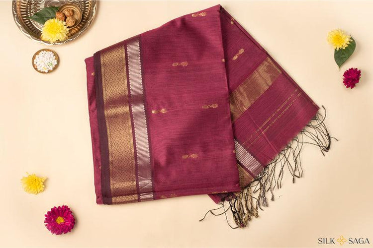 Pure Silk by Cotton Wine Maheshwari Saree with Floral Motifs and Golden Border - Silksaga Studio