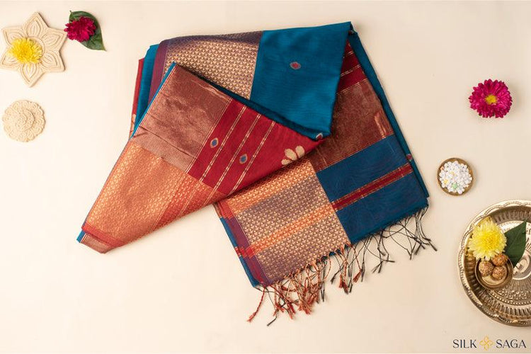 Blue Maheshwari Saree with Antique Gold Border and Brick Red Pallu