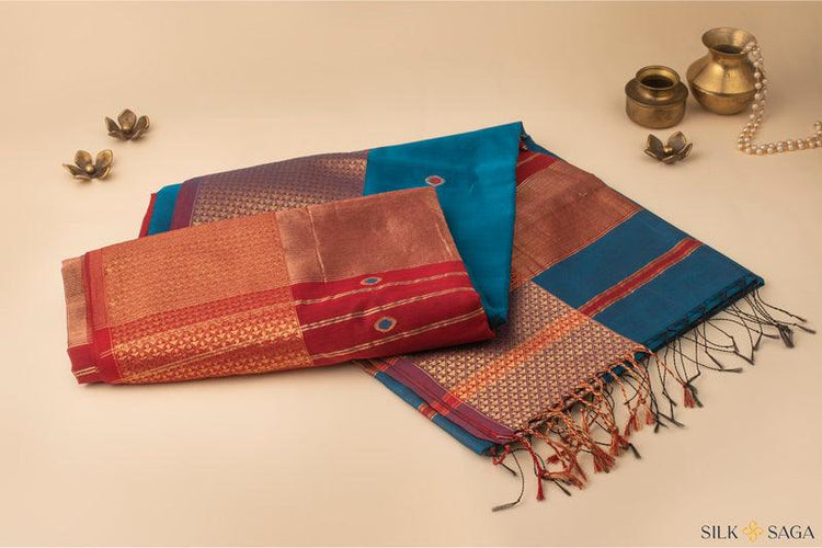 Blue Maheshwari Saree with Antique Gold Border and Brick Red Pallu