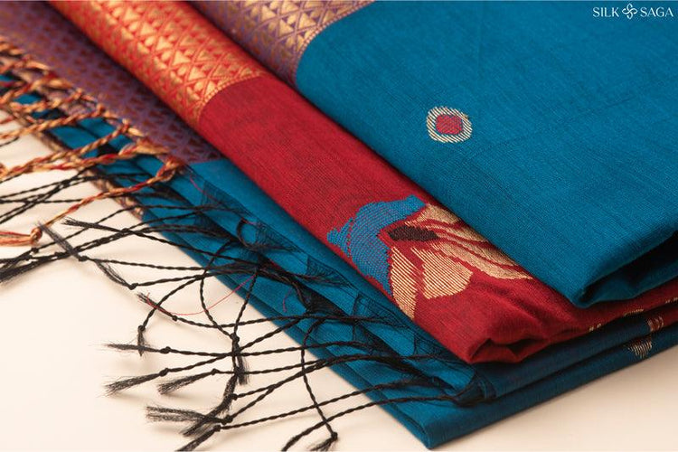 Blue Maheshwari Saree with Antique Gold Border and Brick Red Pallu