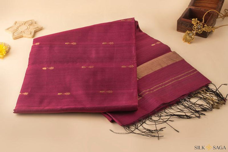 Pure Silk by Cotton Wine Maheshwari Saree with Floral Motifs and Golden Border - Silksaga Studio