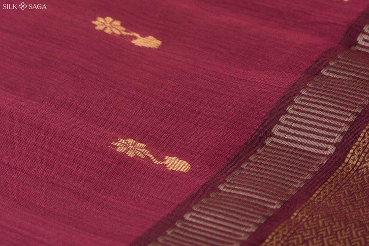 Pure Silk by Cotton Wine Maheshwari Saree with Floral Motifs and Golden Border - Silksaga Studio