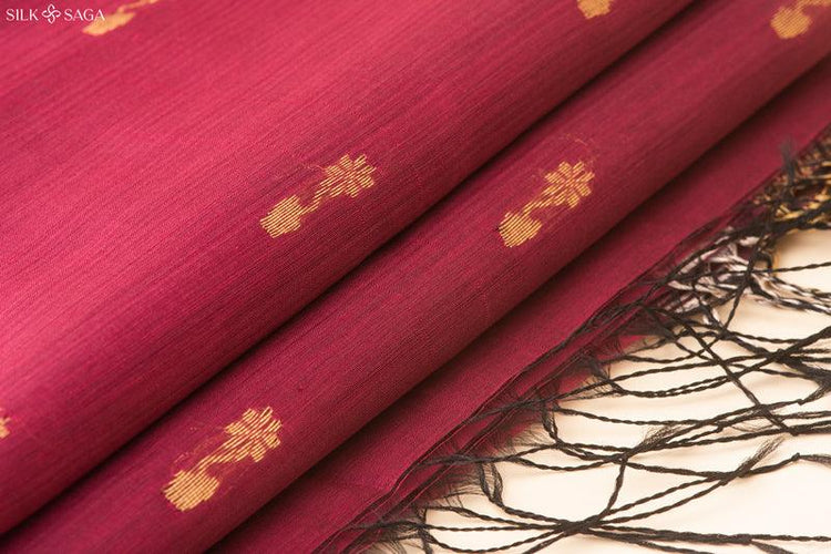 Pure Silk by Cotton Wine Maheshwari Saree with Floral Motifs and Golden Border - Silksaga Studio