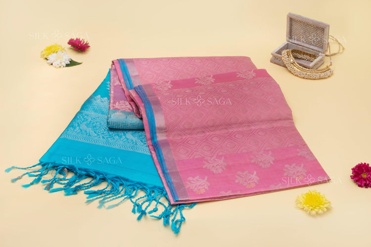 Pure Soft Silk Light Pink Saree with Silver, Golden and Grey Zari Work - Silksaga Studio