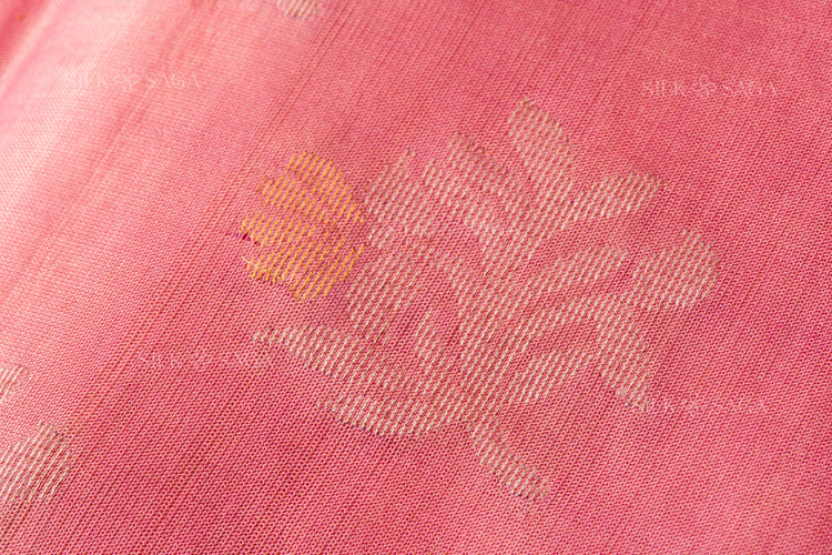 Pure Soft Silk Light Pink Saree with Silver, Golden and Grey Zari Work - Silksaga Studio