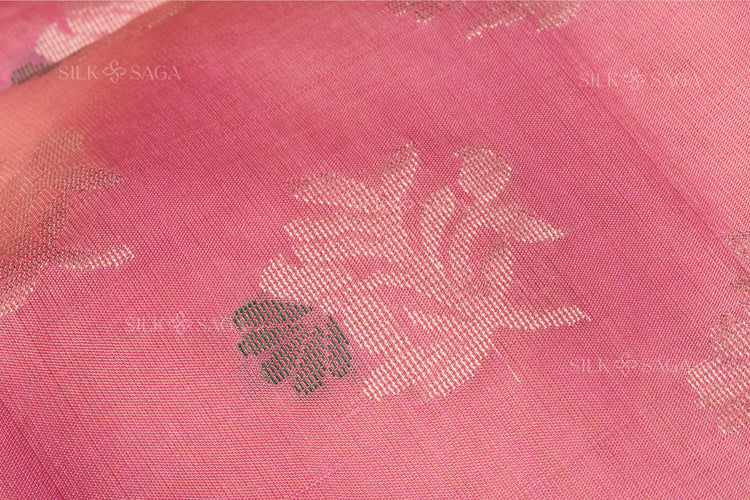 Pure Soft Silk Light Pink Saree with Silver, Golden and Grey Zari Work - Silksaga Studio