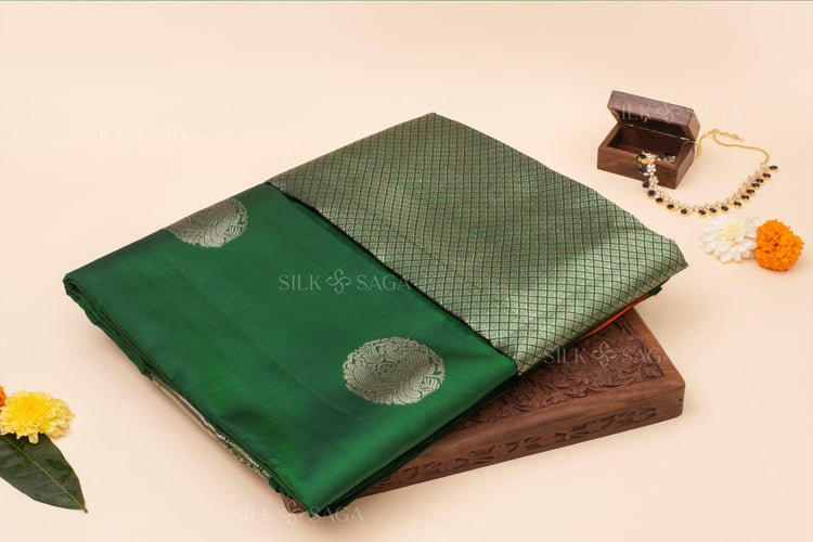 Pure Silk Bottle Green Kanchipuram Saree with Silver Zari Border and Pallu - Silksaga Studio