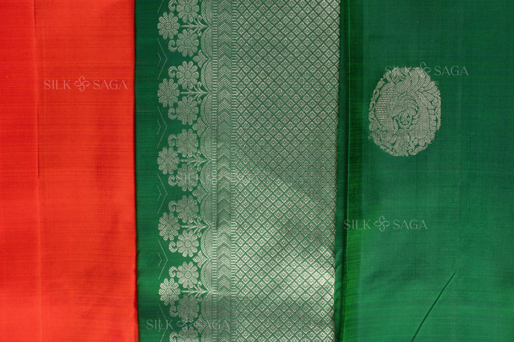 Pure Silk Bottle Green Kanchipuram Saree with Silver Zari Border and Pallu - Silksaga Studio