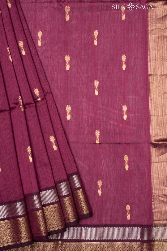 Pure Silk by Cotton Wine Maheshwari Saree with Floral Motifs and Golden Border - Silksaga Studio