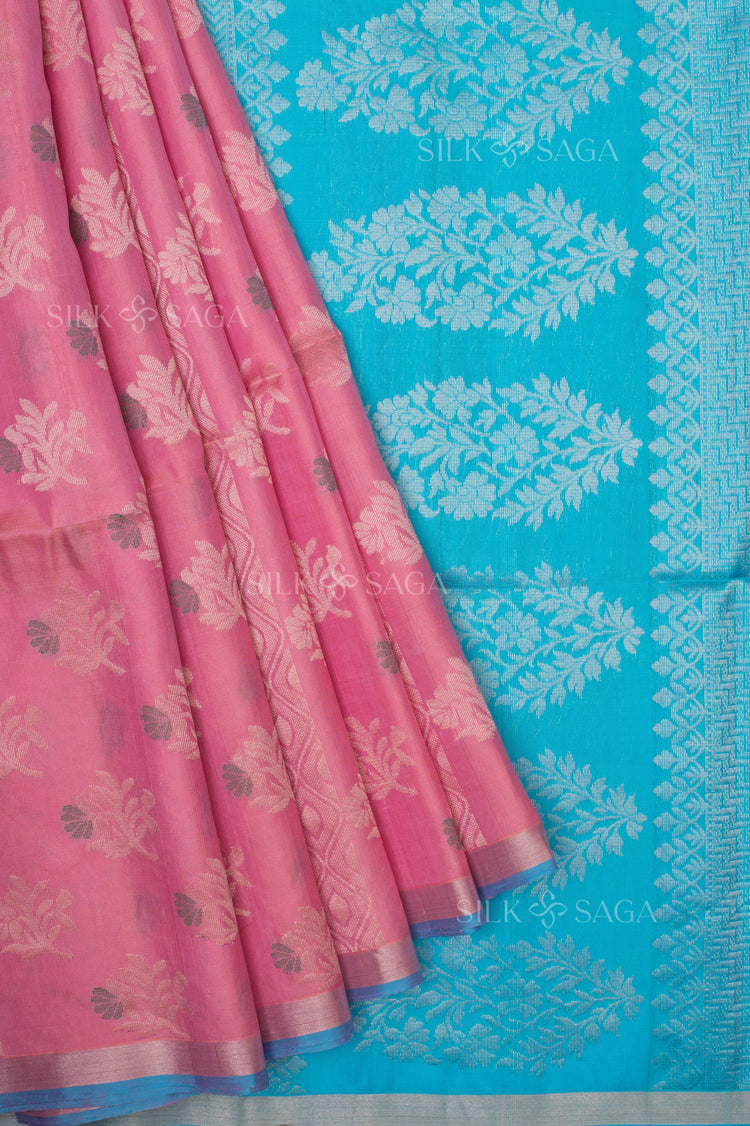 Pure Soft Silk Light Pink Saree with Silver, Golden and Grey Zari Work - Silksaga Studio