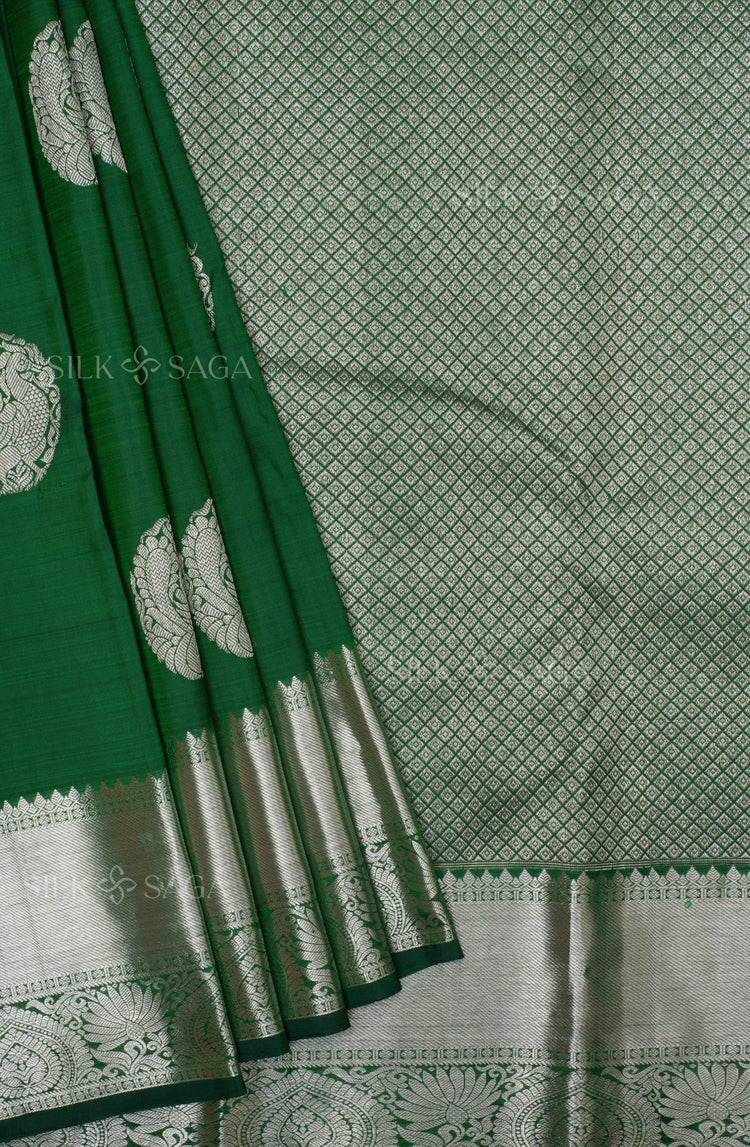 Pure Silk Bottle Green Kanchipuram Saree with Silver Zari Border and Pallu - Silksaga Studio