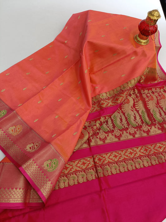 Pure Silk by Cotton Sunrise Orange Saree with Dark Pink and Golden Zari Pallu