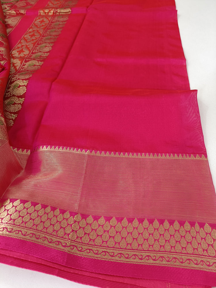 Pure Silk by Cotton Sunrise Orange Saree with Dark Pink and Golden Zari Pallu