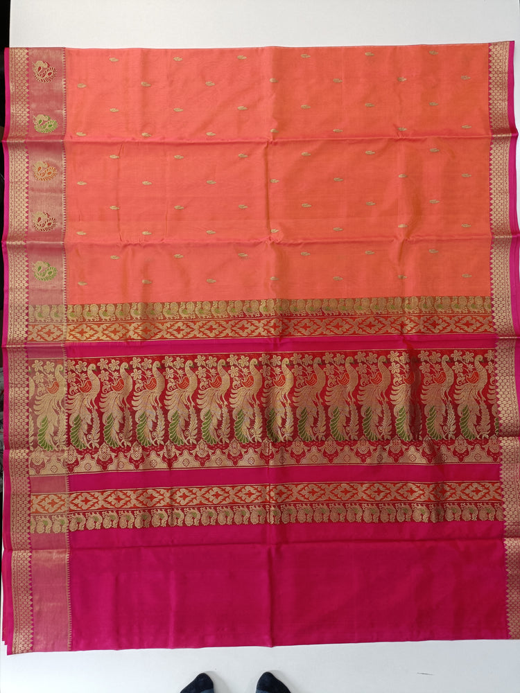 Pure Silk by Cotton Sunrise Orange Saree with Dark Pink and Golden Zari Pallu