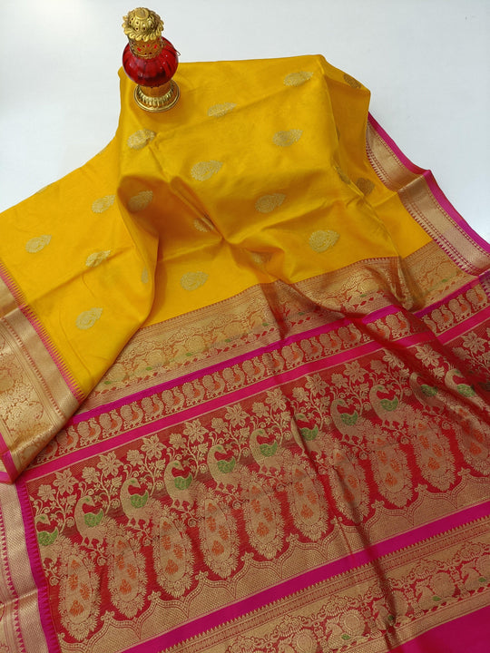 Pure Silk by Cotton Mango Yellow Saree with Golden Zari Meenakari Work on Dark Pink Pallu - Silksaga Studio