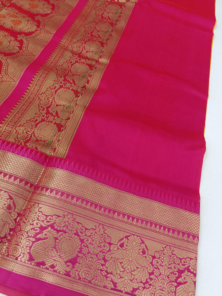 Pure Silk by Cotton Mango Yellow Saree with Golden Zari Meenakari Work on Dark Pink Pallu - Silksaga Studio