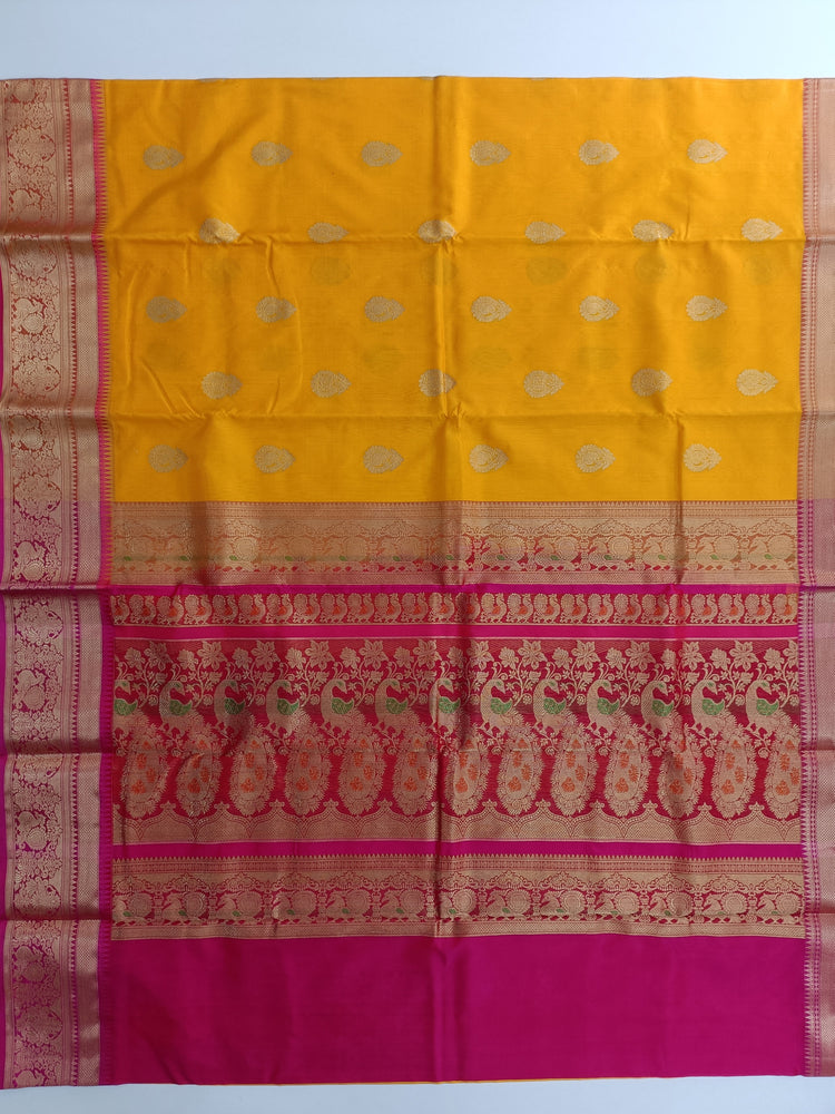 Pure Silk by Cotton Mango Yellow Saree with Golden Zari Meenakari Work on Dark Pink Pallu