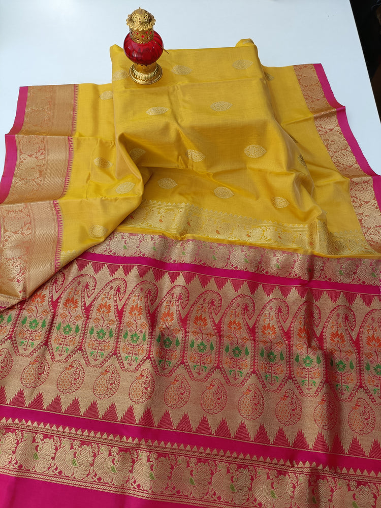 Pure Silk by Cotton  Butter Yellow Saree with Dark Pink and Golden Zari Pallu